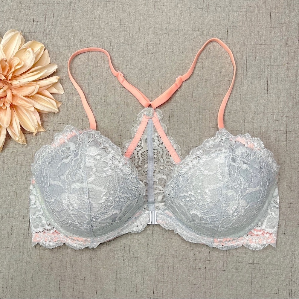 Victoria’s Secret Pink Date Racerback Push Up Bra Silver Lace 32D